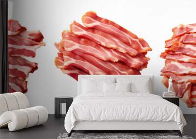 top view flat lay raw bacon slice strips, PNG isolated transparent background Wall mural