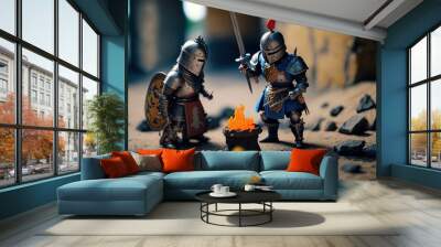 two cute miniature soldiers at campfire, Generative Ai Wall mural