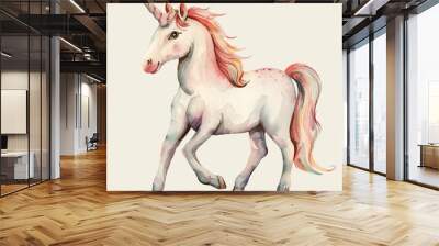 unicorn super cute adorable baby animal nursery clipart watercolor illustration isolated on white background, Generative Ai Wall mural