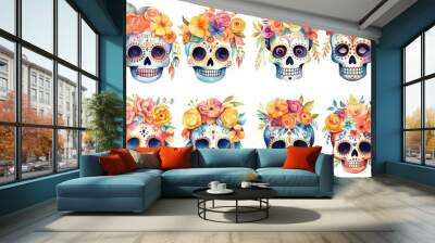 watercolor cartoon cute skeleton skull decorated with make up and spring flower headdress, día de los muertos, day of the dead, collection set isolated on white background, Generative Ai Wall mural