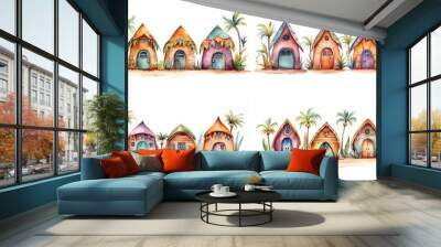 watercolor cartoon illustration, cute beach cabin collection set on white background, Generative Ai Wall mural