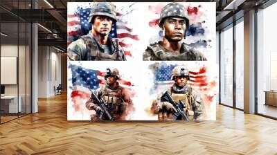 watercolor illustration collection set, 4th of July theme U.S. Army soldier with American national flag, red blue white  color splash aquarelle wet on wet clipart , isolated on white background Wall mural