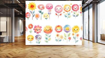 watercolor illustration of flower and sunflower tree with kawaii smile face, collection set, generative Ai Wall mural