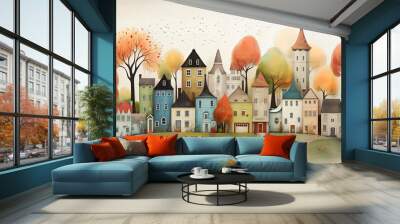 watercolor painting style illustration of beautiful cityscape in autumn time, Generative Ai Wall mural