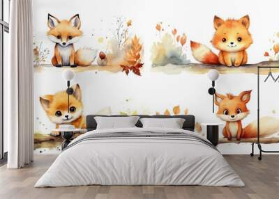 watercolor style cartoon illustration of red fox in autumn field , isolated on white background, collection set, Generative Ai Wall mural