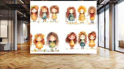 watercolor style illustration of cute girls standing together, collection set, Generative Ai Wall mural