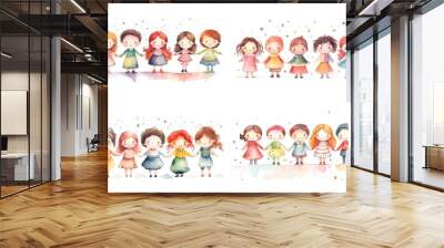 watercolor style illustration of cute girls standing together, collection set, Generative Ai Wall mural