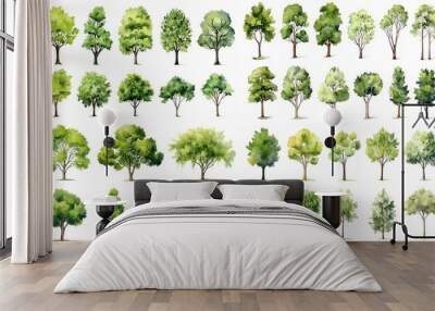 watercolor style illustration of summer or spring tree collection set, cartoon illustration isolated on white background,  Generative Ai	
 Wall mural