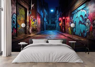 wet city street after rain at night time with colorful light and graffiti wall, Generative Ai Wall mural