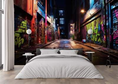 wet city street after rain at night time with colorful light and graffiti wall, Generative Ai Wall mural