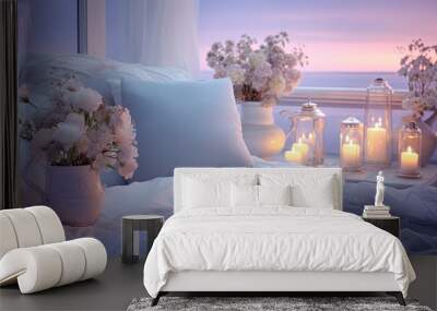 white bedroom interior with candle lights in winter season, generative Ai	
 Wall mural