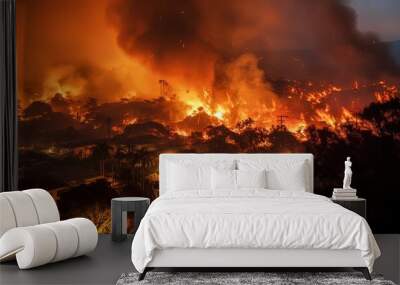 wildfire flame burning over town make severe damage area, Generative Ai Wall mural