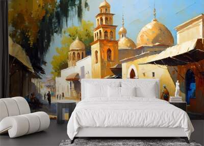 world travel theme big old city illustration of culture diversity, Arab ancient desert town, Generative Ai Wall mural