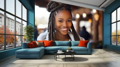 young teenage African American girl with braid hairstyle smiling with winter snow town background, Generative Ai Wall mural