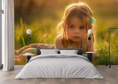 A sweet blonde girl is lying on the grass with Easter eggs painted in front of her, Wall mural