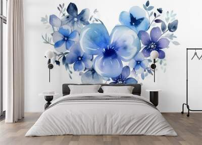 Heart-shaped watercolor flowers. Blue love symbol on a white background. Generative AI Wall mural