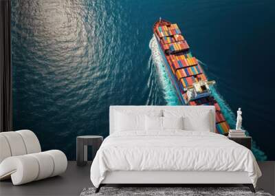 high aerial top down view of a large container cargo ship in motion over open ocean with copy space  Wall mural