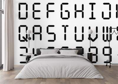 Digital display font. Alarm clock letters and numbers, electronic alphabet and retro calculator screen symbols vector set. Letters set for a digital watch and other electronic devices. Wall mural