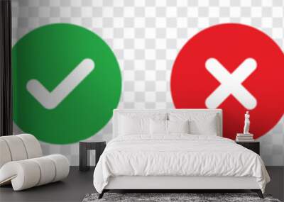 Green check mark, red cross mark icon set. Isolated tick symbols, checklist signs, approval badge. Flat and modern checkmark design, vector illustration.  Wall mural