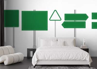 Set of road signs isolated on a white background. Green traffic signs.Blank board with place for text. Isolated information sign. Vector illustration. Wall mural