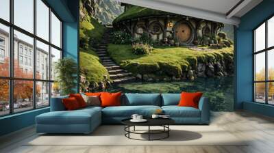 A hobbit style house peacefully resides amidst a romantic landscape, Generative AI Wall mural