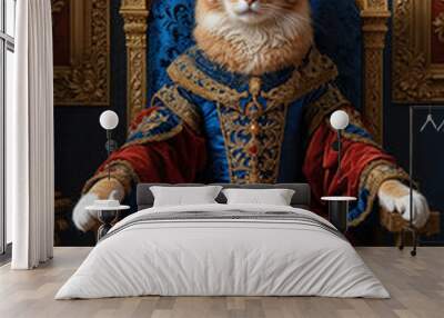 Renaissance-style painting portrait of a cat queen in royal attire sitting on the throne, Generative AI	
 Wall mural