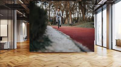 A man enjoys a leisurely bike ride along a red park path, embodying a sense of freedom and healthy lifestyle outdoors. Wall mural