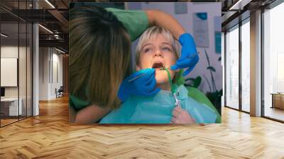 Dentist in green uniform examining the teeth of a beautiful female patient Wall mural