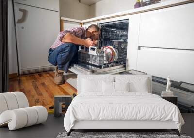 Handyman repair dishwasher in  the kitchen Wall mural