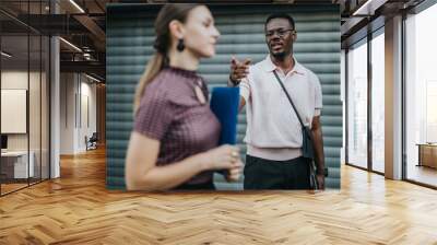 Two diverse business colleagues engaged in a focused conversation outdoors. The setting suggests a professional atmosphere, highlighting communication and collaboration in an urban environment. Wall mural