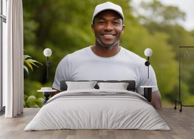 Black man wearing white t-shirt and white baseball cap standing in nature Wall mural