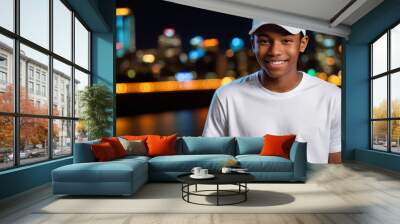 Black teenage boy wearing white t-shirt and white baseball cap standing on cityscape at night background Wall mural