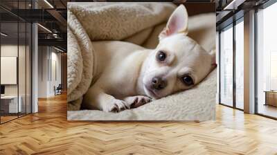 Cream smooth coat chihuahua dog lying on bed in the bedroom Wall mural