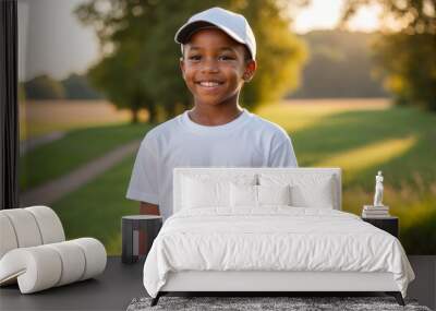 Little black boy wearing white t-shirt and white baseball cap standing in nature Wall mural