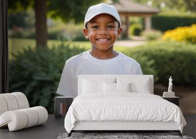 Little black boy wearing white t-shirt and white baseball cap standing in the garden Wall mural