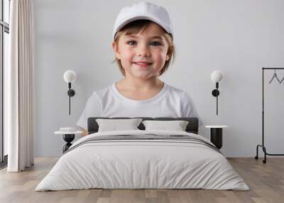 Little girl with short hair wearing white t-shirt and white baseball cap isolated on grey background Wall mural