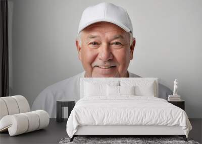 Plus size senior man wearing white t-shirt and white baseball cap isolated on grey background Wall mural