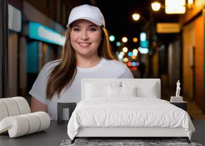 Plus size woman wearing white t-shirt and white baseball cap standing in a city alley at night Wall mural