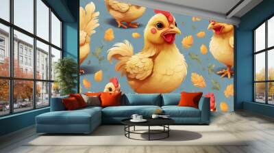 chickens in the farm chicken  bird cartoon  animal  chick easter  hen farm ,Ai generated  Wall mural