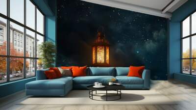 A single lantern floating high above, surrounded by the darkness of the night sky, symbolizing hope and peace. Wall mural