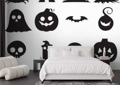 Halloween icons silhouette logo black and white background Wall mural