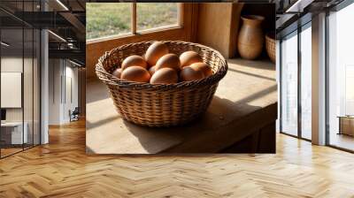 Brown egg basket on vintage background Wall mural