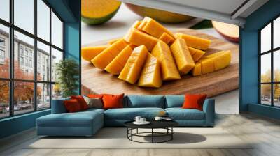 Sliced cube ripe mango on wooden plate Wall mural