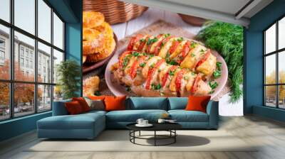 Baked chicken breasts stuffed with cheese and tomato Wall mural