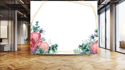 Exotic floral frame with queen protea, thistle and eucalyptus leaves Wall mural