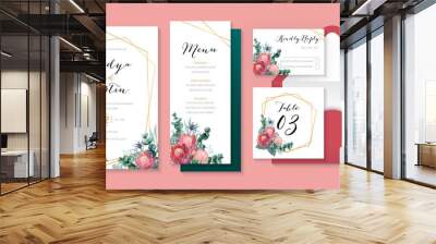 Romantic wedding stationery with queen protea, eucalyptus, thistle and berries. watercolor wedding floral illustration set
 Wall mural