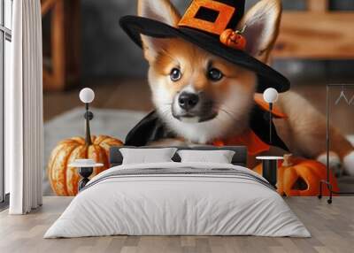 A cute halloween dog wearing a witches hat posing with a pumpkin. Wall mural