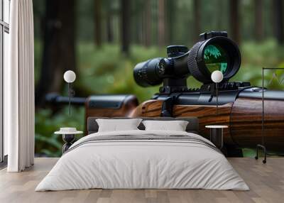 A sharp focus on the rifle scope with a beautiful forest background blurred, showcasing the advanced technology and clean lines of the hunting firearm. Wall mural