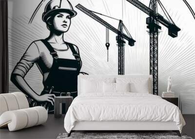 An artistic illustration of a worker in safety attire and a helmet standing confidently beside a construction crane, emphasizing determination and hard work on a stylized background. Wall mural