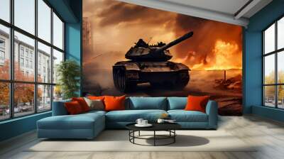 armored tank crosses a mine field during war invasion epic scene of fire and smoke in destroyed city Wall mural